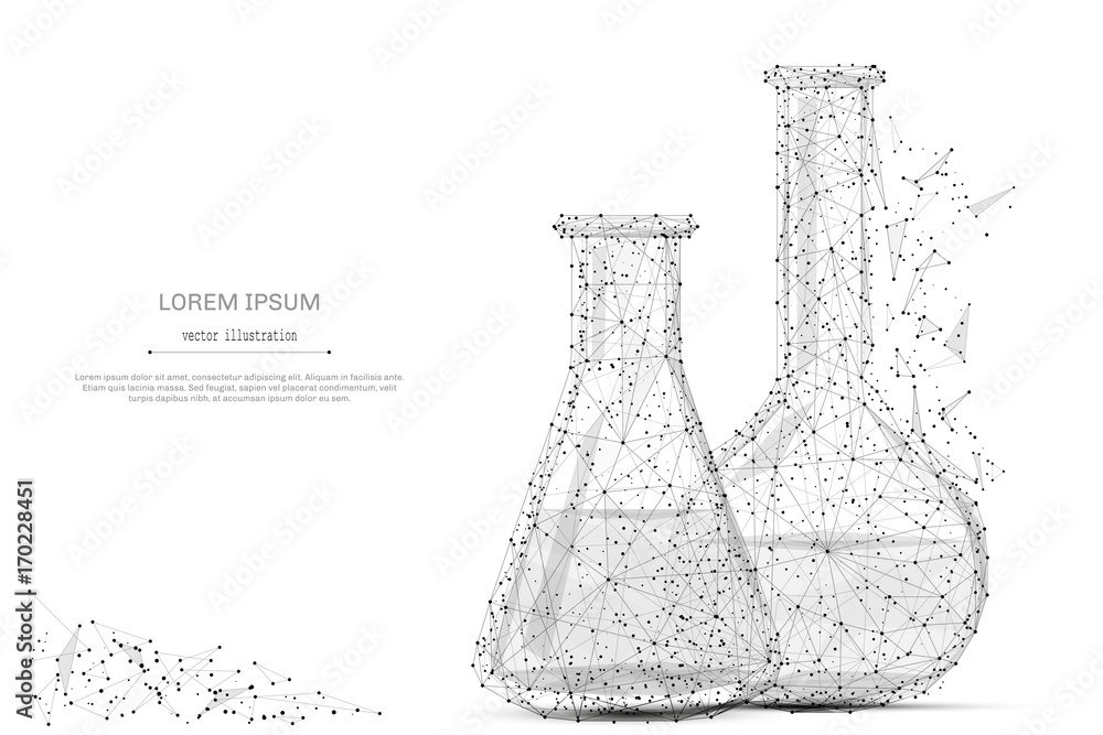 Poster Test tubes isolated from low poly wireframe on white background. Science and analyses. Vector abstract polygonal image mash line and point hands collect puzzle with an inscription. Digital graphics