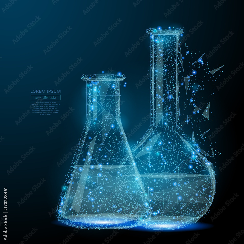 Aufkleber Test tubes isolated from low poly wireframe on dark background. Science vector polygonal image in the form of a starry sky or space, consisting of points, lines, and shapes in the form of stars.