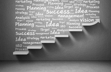 Business plan and strategy and rising arrow graph to success on staircase, business concept