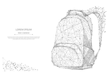 Backpack isolated from low poly wireframe on white background. Back to school concept. Vector abstract polygonal image mash line and point hands collect puzzle with an inscription. Digital graphics