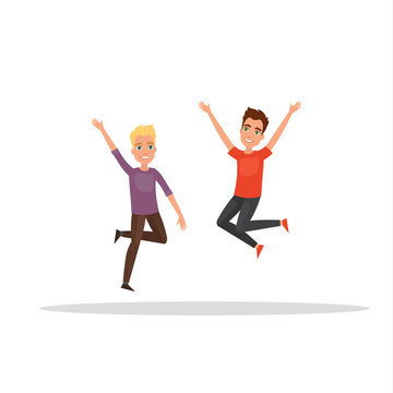 Happy group of man, boy jumping on a white background. The concept of friendship, healthy lifestyle, success. Vector illustration in a flat and cartoon style