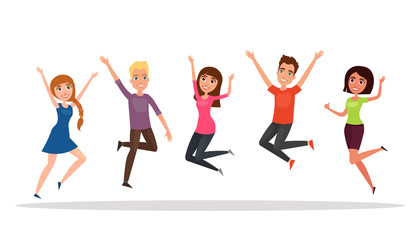 Happy group of people, boy, girl jumping on a white background. The concept of friendship, healthy lifestyle, success. Vector illustration in a flat and cartoon style
