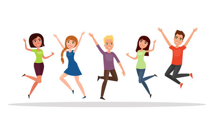 Happy group of people, boy, girl jumping on a white background. The concept of friendship, healthy lifestyle, success. Vector illustration in a flat and cartoon style