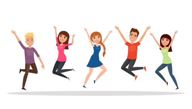 Happy group of people, boy, girl jumping on a white background. The concept of friendship, healthy lifestyle, success. Vector illustration in a flat and cartoon style