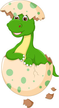 Cute baby green dinosaur cartoon hatching