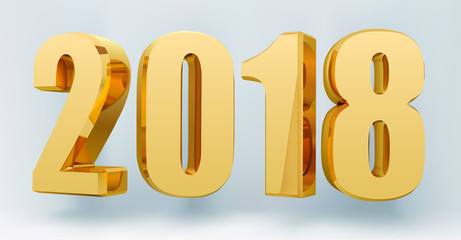 Date 2018 on a light background in 3d format. Gold Shining 2018 Happy New Year Banner. Vector illustration