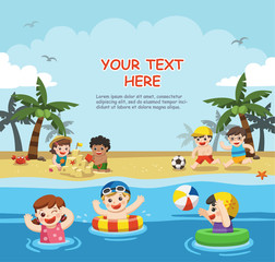 Happy kids play and swim at the beach.Template for advertising brochure.