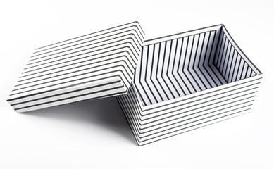 Top view of white box with black stripes open with lid on white background. Isolated.