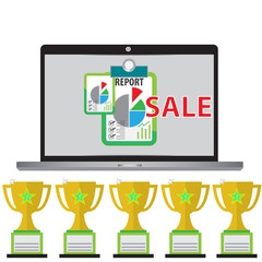 Business sale report online with laptop on isolated white background or Champion of sale conceprt with trophy - simple vector illustration design