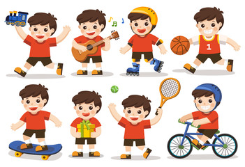 activity set of a kid: A cute boy playing with toys. Playing sport including basketball, athletic, tennis, bicycle, skate rolling. Playing guitar and singing happily. Holding present.