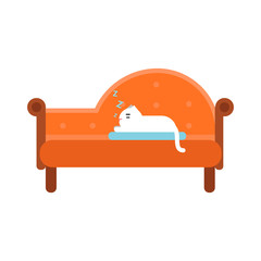 Cute white cat lying on an orange sofa, home pet resting cartoon vector Illustration