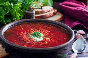 Traditional Ukrainian soup - borsch, horizontal