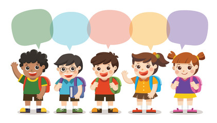 Back to school,Cute kids go to school with speech frame, Set of diverse Kids and Different nationalities with speech frame isolated on white background.