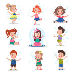 Cute little children blowing and playing with soap bubbles, set of cartoon vector Illustrations