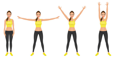 Yong woman make hands up and hands to the sides exercises. Fit girl in leggings and yellow crop top. Vector character.