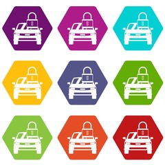 Car with padlock icon set color hexahedron