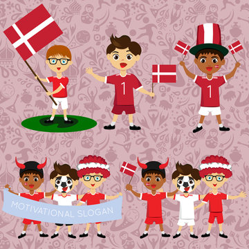 Set of boys with national flags of Denmark. Blanks for the day of the flag, independence, nation day and other public holidays. The guys in sports form with the attributes of the football team