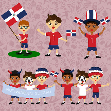Set of boys with national flags of Dominican Republic. Blanks for the day of the flag, nation day and other public holidays. The guys in sports form with the attributes of the football team