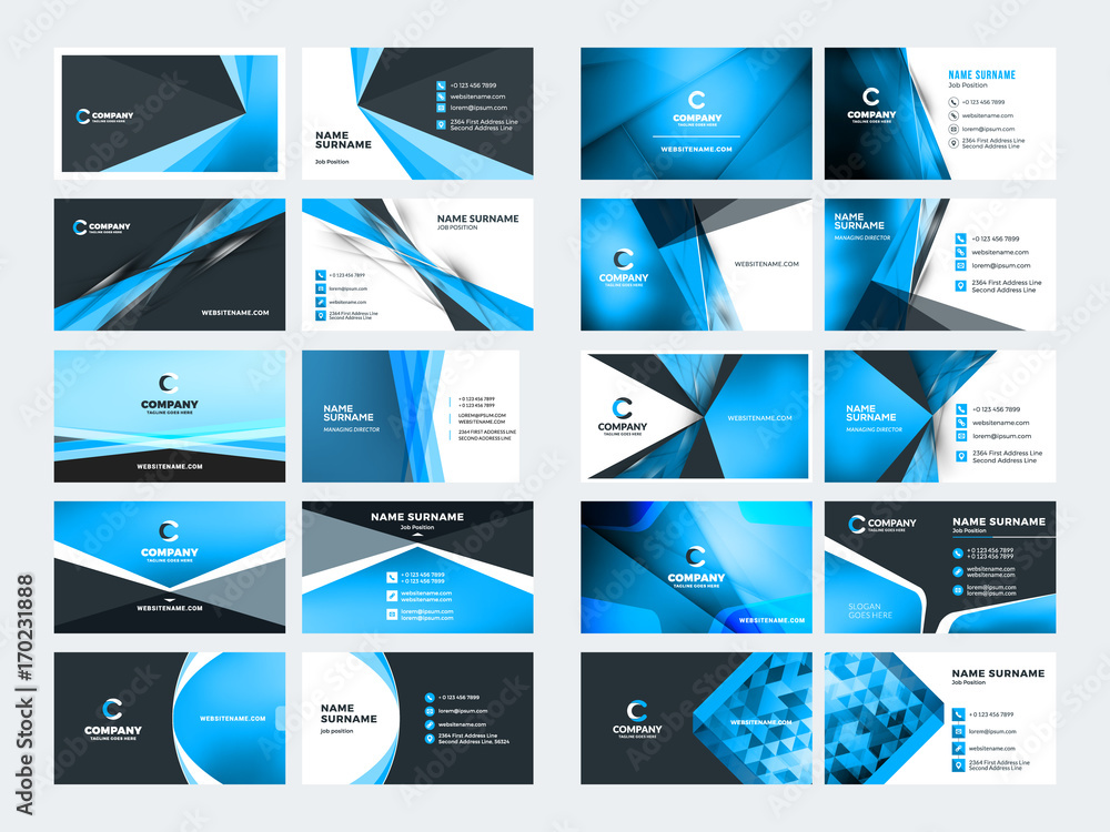 Wall mural double sided business card templates. blue color theme. stationery design vector set. vector illustr - Wall murals