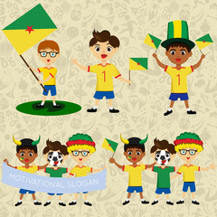 Set of boys with national flags of Guiana. Blanks for the day of the flag, independence, nation day and other public holidays. The guys in sports form with the attributes of the football team