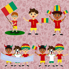 Set of boys with national flags of Guinea. Blanks for the day of the flag, independence, nation day and other public holidays. The guys in sports form with the attributes of the football team