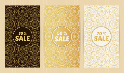 Set of flyers in golden colors. Templates in islamic, japanese, arabic, eastern, oriental style for restaurant menu, flyer, business card, brochure, book cover, banner, etc.