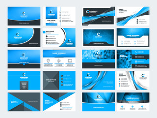 Double sided business card templates. Blue color theme. Stationery design vector set. Vector illustration