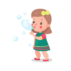Sweet cartoon little girl playing with soap bubbles vector Illustration