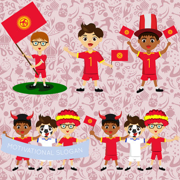 Set of boys with national flags of Kyrgyzstan. Blanks for the day of the flag, independence, nation day and other public holidays. The guys in sports form with the attributes of the football team