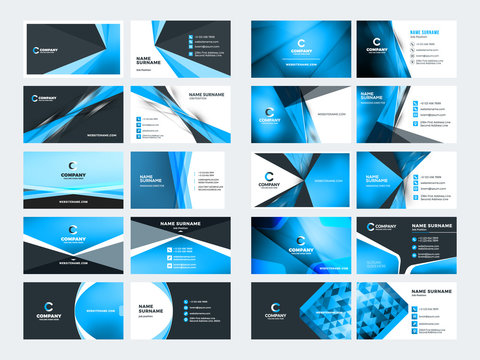 Double sided business card templates. Blue color theme. Stationery design vector set. Vector illustration