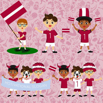 Set of boys with national flags of Latvia. Blanks for the day of the flag, independence, nation day and other public holidays. The guys in sports form with the attributes of the football team