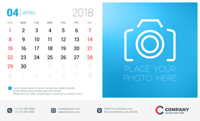 Calendar design template with place for photo. April 2018. Week starts on Sunday. Vector Illustration