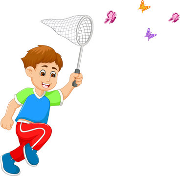 people run to cathcing butterfly with happiness cartoon