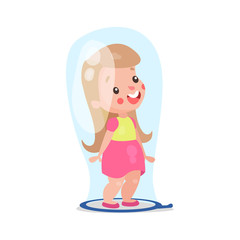 Sweet cartoon blonde little girl standing inside giant soap bubble vector Illustration