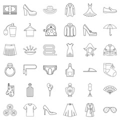 Woman shopping icons set, outline style