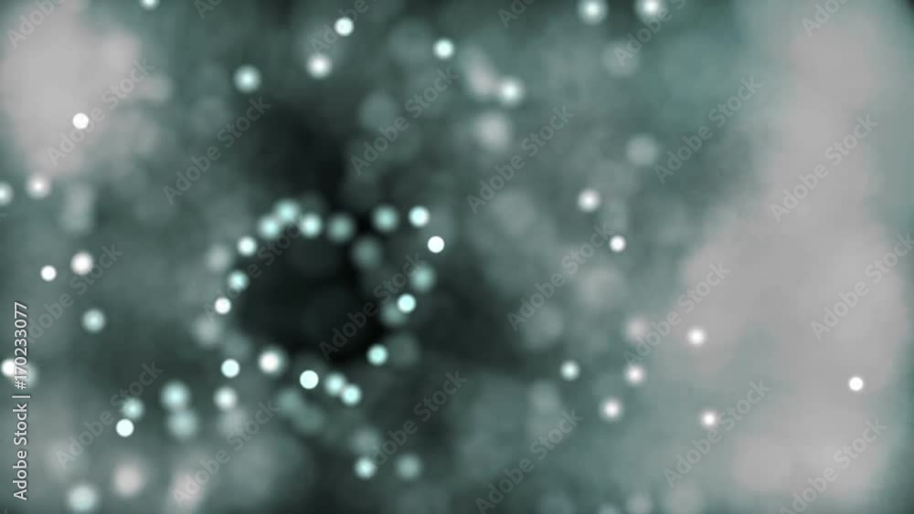 Poster chaotic particles with random size. twisted massive of particles with glow. seamless loop.
