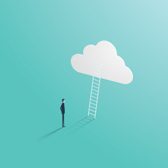Business success vector concept with businessman standing in front of ladder leading up to the cloud. Symbol of career opportunity, corporate ladder and growth.