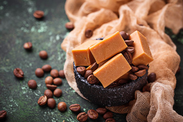 Fudge toffee candy with coffee beans - obrazy, fototapety, plakaty