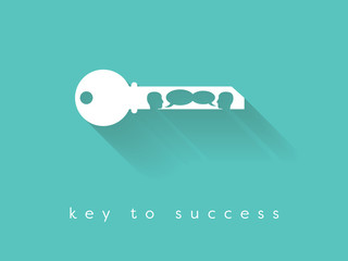 Key to success business vector concept with key silhouette and two people having business conversation.