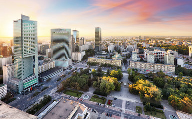 Sunset panorama of Warsaw, capital of Poland, Europe