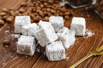 Homemade turkish delight with powdered sugar