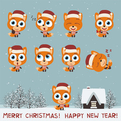 Merry Christmas and Happy New Year! Set funny kitten cat in various poses for christmas decoration and design. Collection isolated kitten cat in cartoon style.