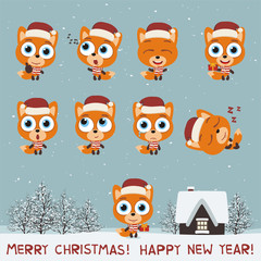 Obraz premium Merry Christmas and Happy New Year! Set funny kitten cat in various poses for christmas decoration and design. Collection isolated kitten cat in cartoon style.