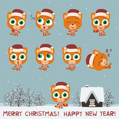 Merry Christmas and Happy New Year! Set funny fox in various poses for christmas decoration and design. Collection isolated fox in cartoon style.
