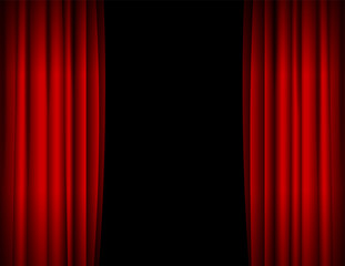 Realistic Red Opened Stage Curtains Background. Vector