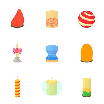 Different candles icons set, cartoon style