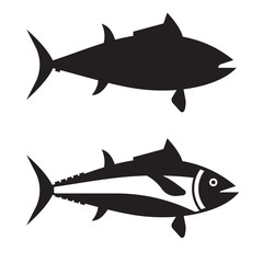 Silhouette of tuna ocean fish vector icon in outline design. Big tunny logo or label template isolated on white background.
