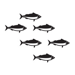 Silhouettes sardine run vector illustration in black and white. Outline fish shoal isolated on white background. Herring or anchovy school in flat design.