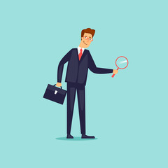 Businessman with magnifier. Flat design vector illustration.