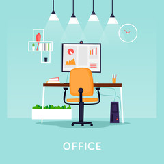 Office interior with desktop, business workspace in the office. Workplace. Flat design vector illustration.
